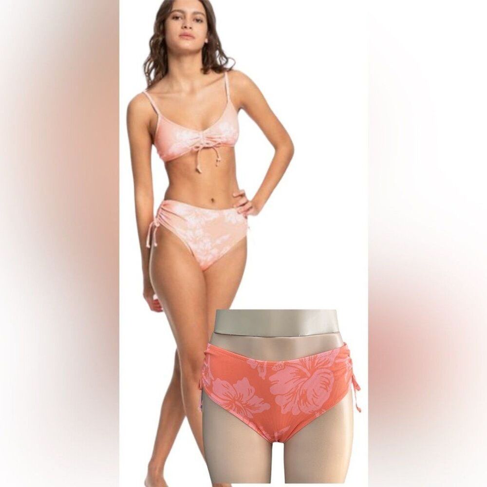 Quiksilver Coral Floral High Waist Ruched Side Bikini Swim Bottoms Size Large